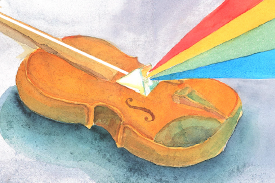 violin with a prism refracting a rainbow of light
